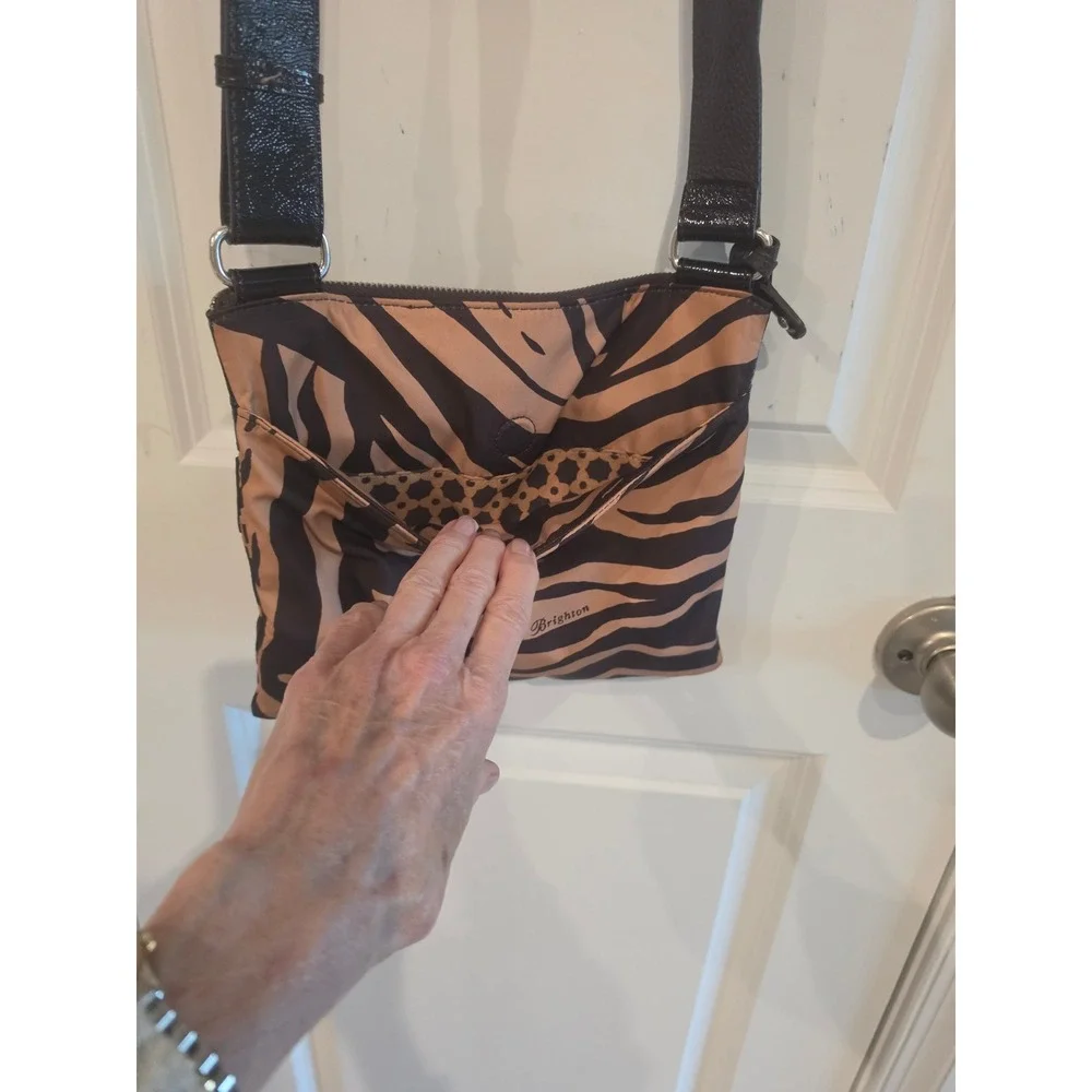 Brighton Zebra Print Crossbody Bag Black Tan Patent Trim E318211